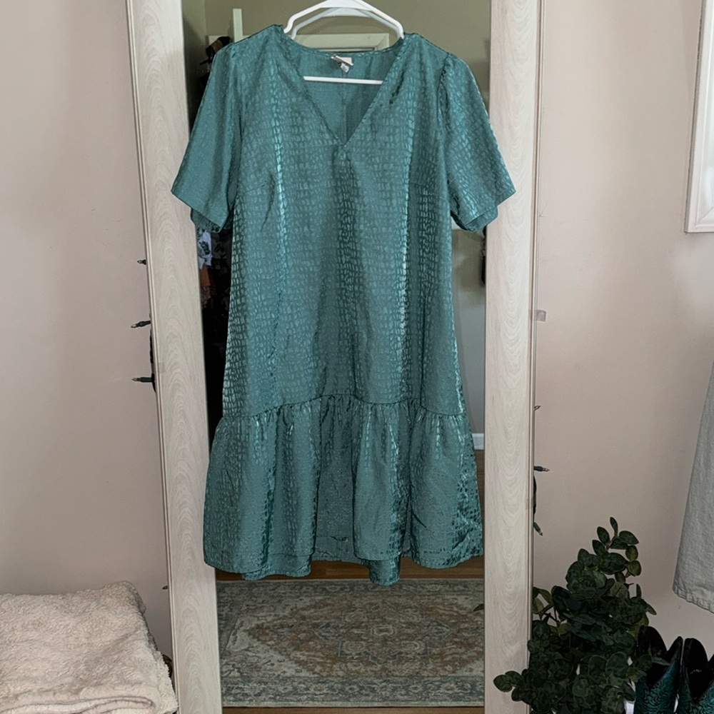 blue textured dress.